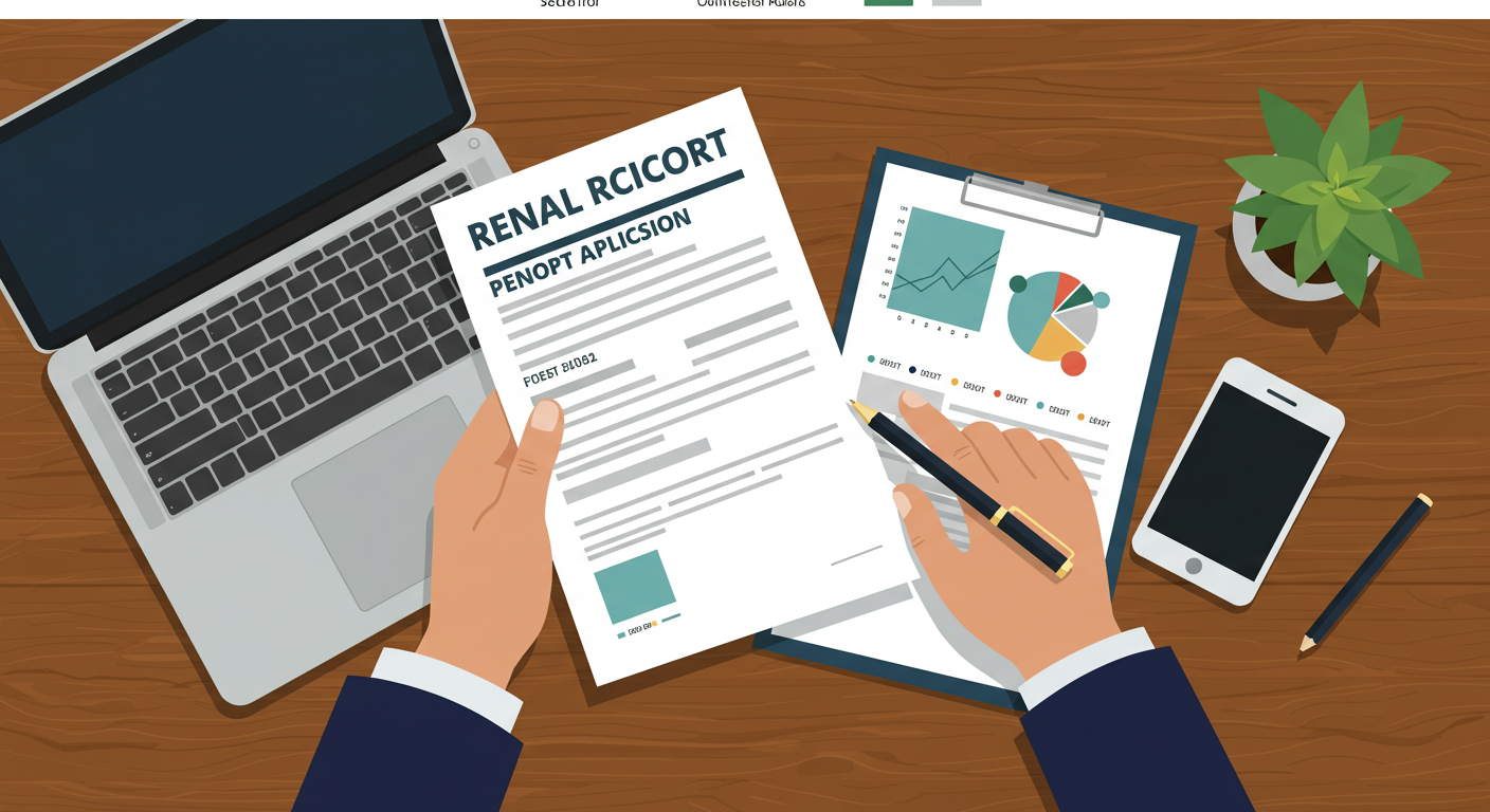 A person's hands reviewing a rental application and a credit report on a wooden desk.