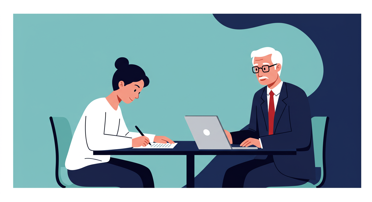 A young adult signs a lease agreement at a table while an older adult, the cosigner, looks on approvingly.