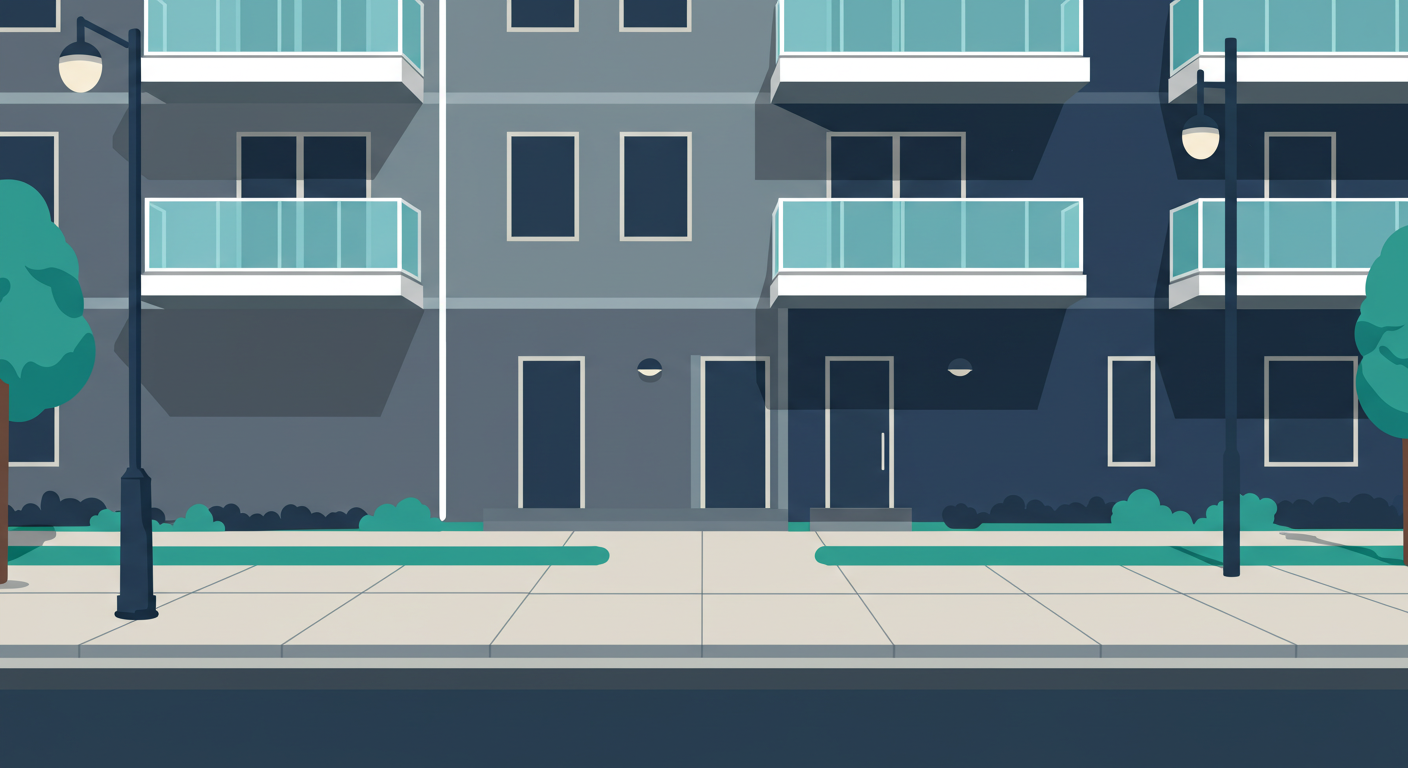 A modern apartment building exterior with a clean, empty sidewalk in front.
