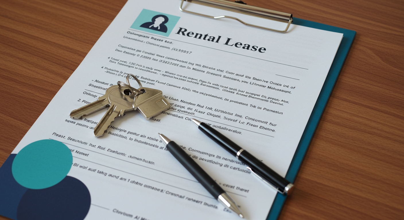A set of house keys and a pen resting on top of a formal rental lease document on a wooden table.