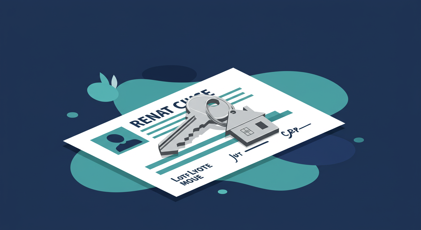 A modern house key with a house-shaped keychain resting on a signed rental lease agreement.