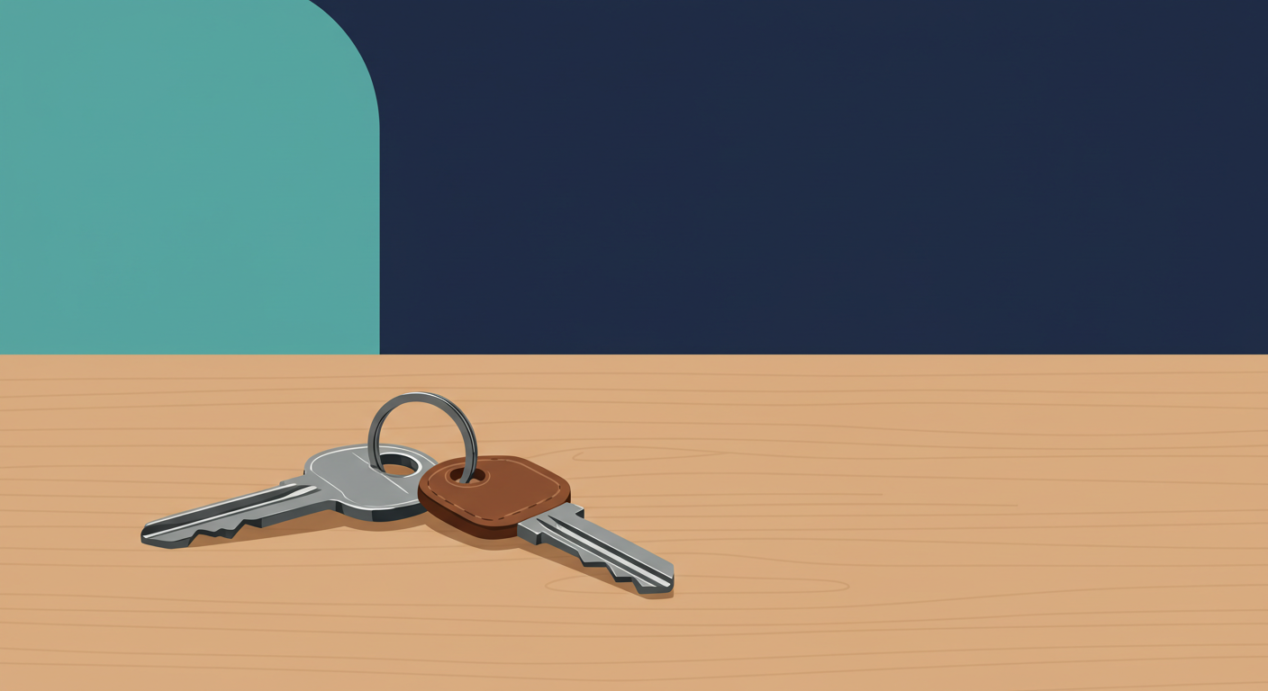 A set of house keys with a simple leather keychain resting on a clean, modern wooden desk.