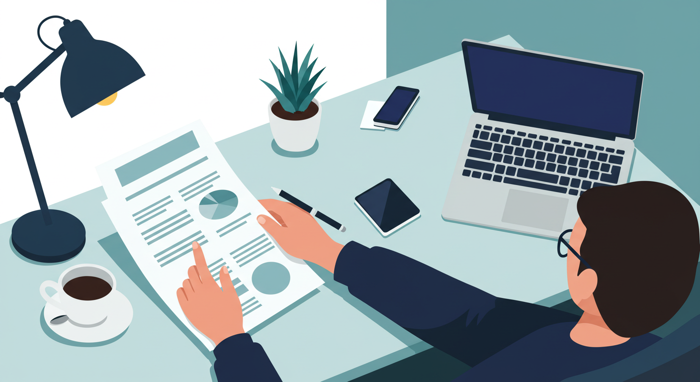 A person sits at a clean, modern desk at home, reviewing financial documents on a laptop and in paper form.