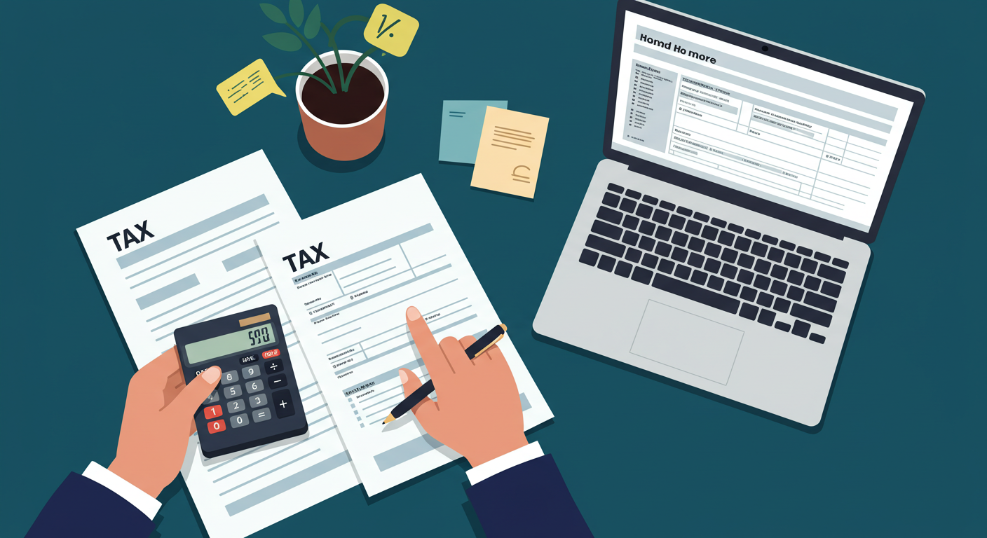 A person sitting at a desk with a calculator, tax forms, and a laptop open to a spreadsheet.