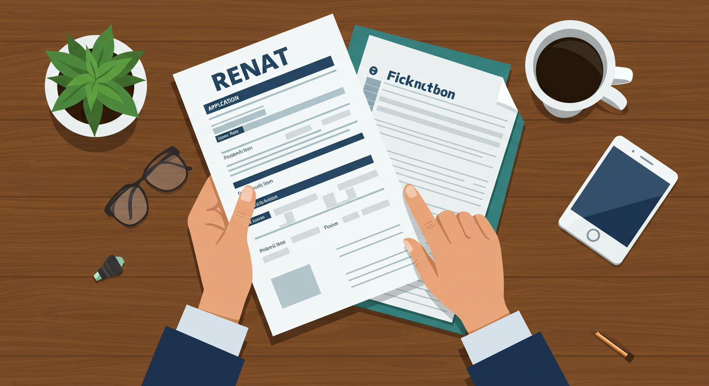 A person's hands reviewing a rental application form and financial documents on a wooden desk.