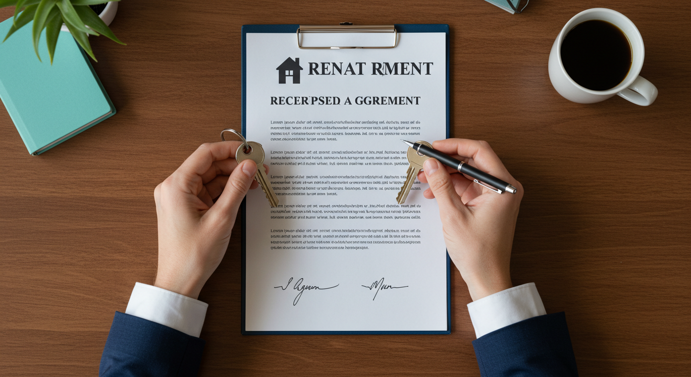 A person's hands holding a set of house keys over a signed rental agreement document on a wooden desk.