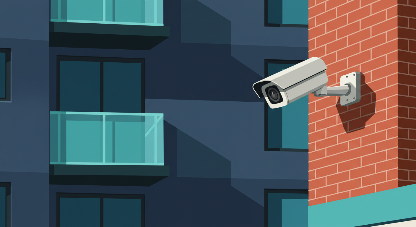 A modern security camera mounted on the exterior brick wall of a multi-unit apartment building.
