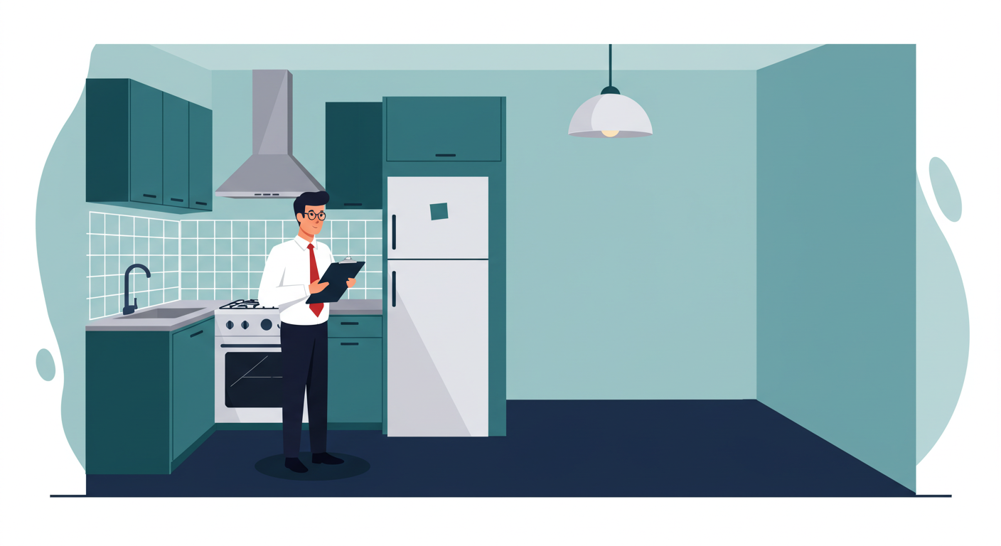 Landlord with a clipboard inspects a clean, empty apartment kitchen before a new tenant moves in.