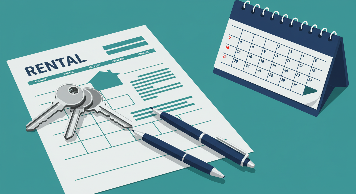 A set of house keys and a pen resting on a rental lease agreement next to a calendar.