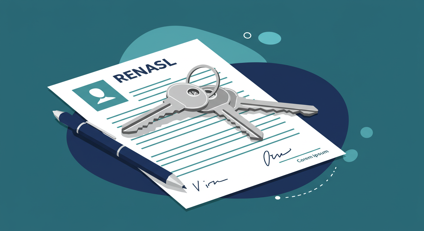A set of house keys with a simple keychain resting on a signed rental lease agreement document.