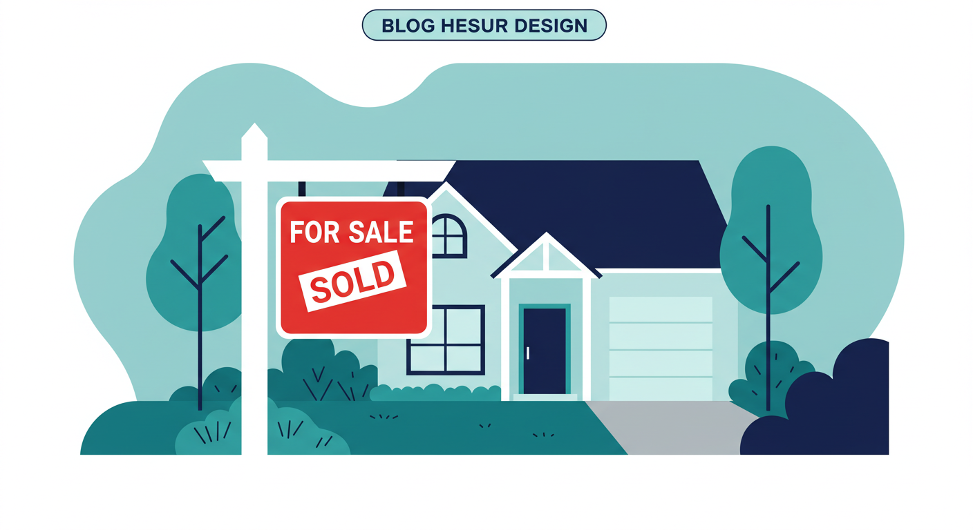 A red 'For Sale' sign with a 'Sold' sticker on it, posted in the front yard of a residential house.