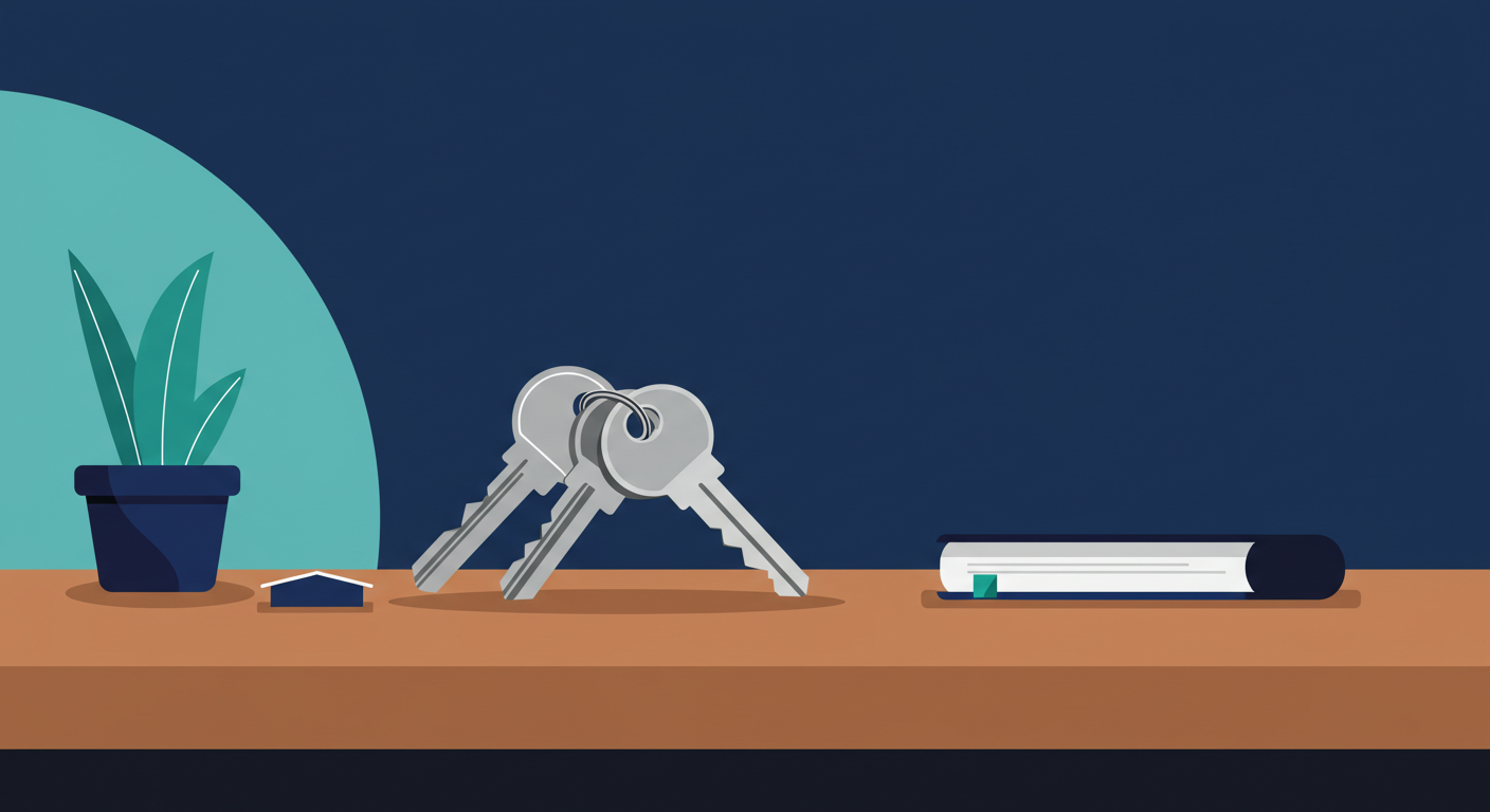 A set of house keys with a simple keychain on a wooden table, representing property ownership and asset protection.
