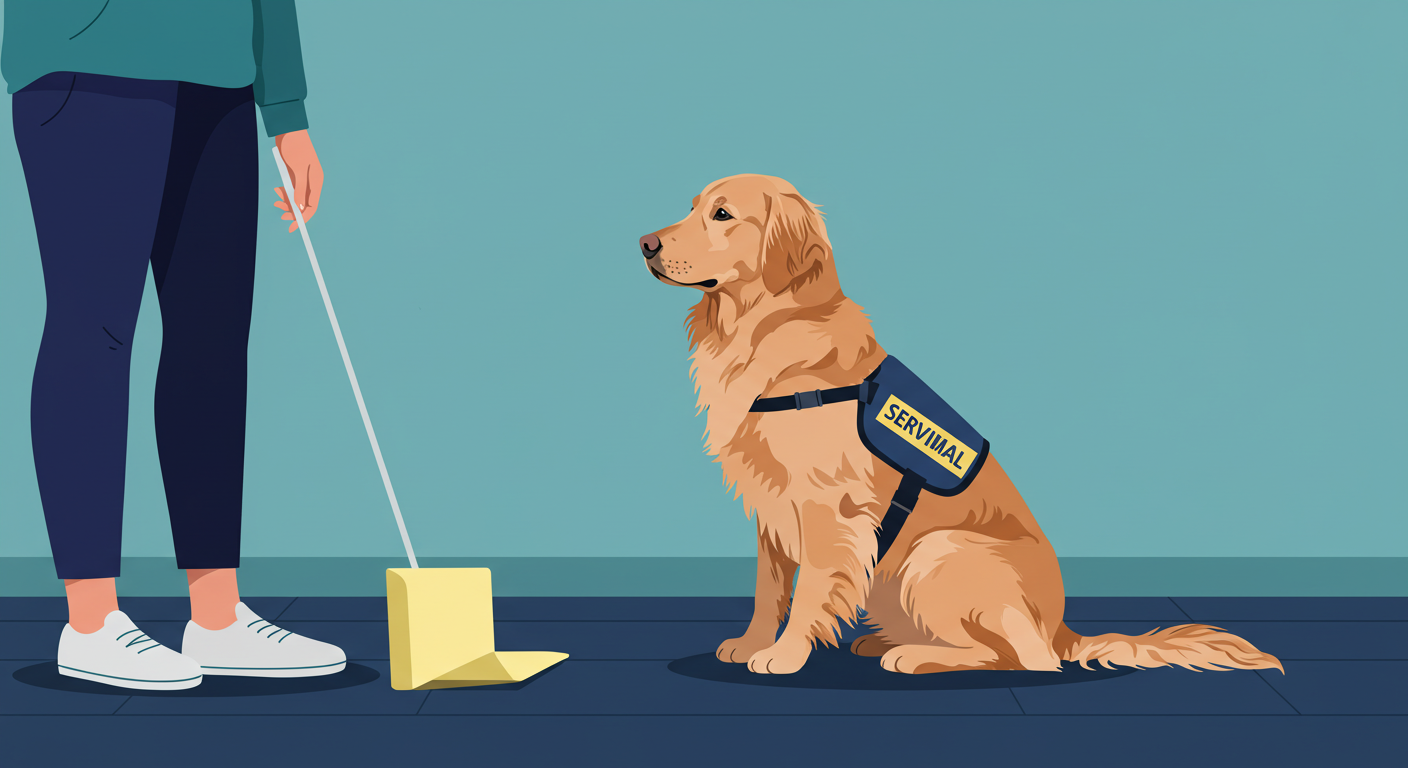 A golden retriever wearing a service animal vest sits calmly on a clean apartment floor next to a person's legs.