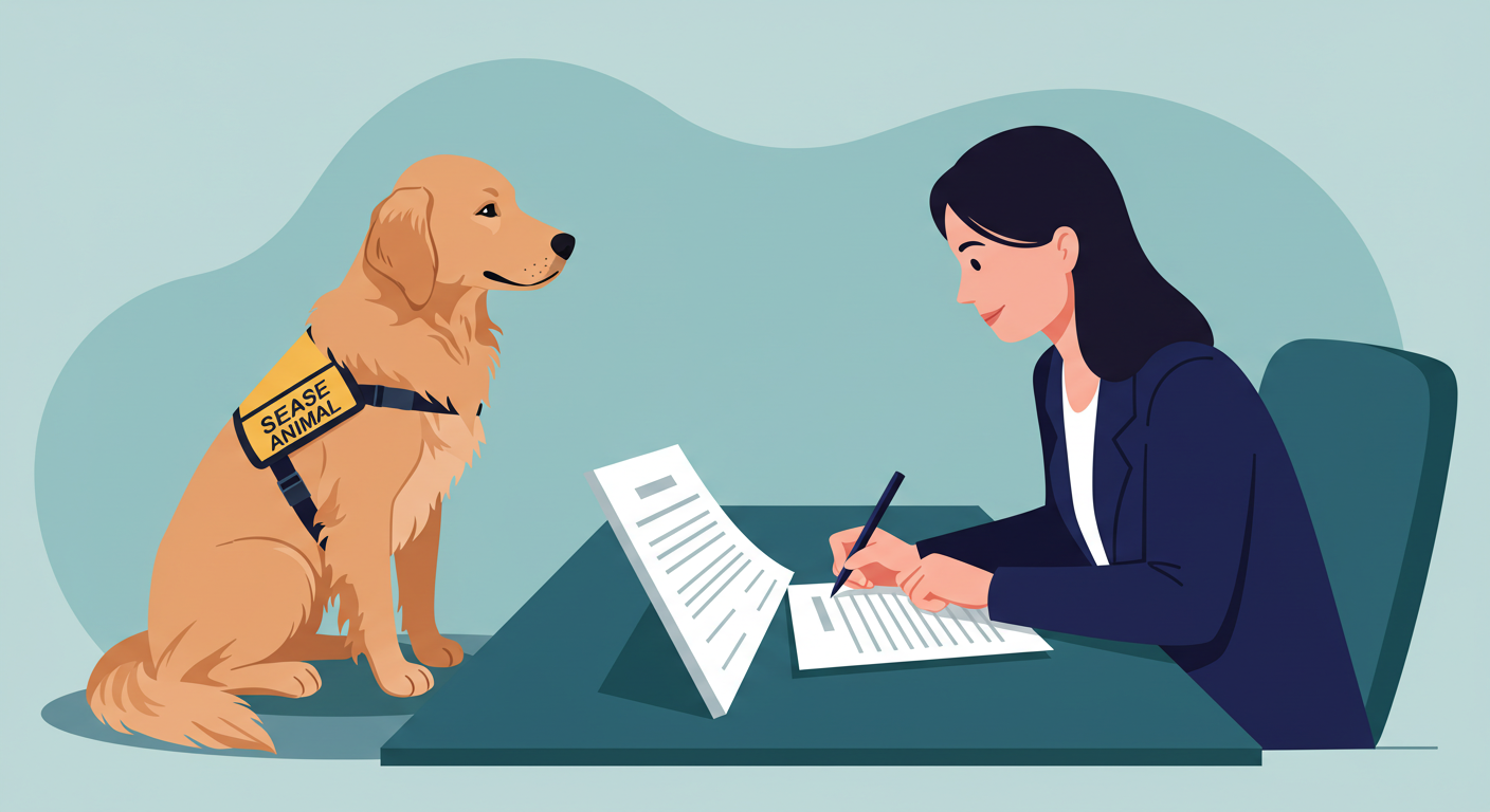 A golden retriever wearing a service animal vest sits patiently next to its owner who is signing a lease document.