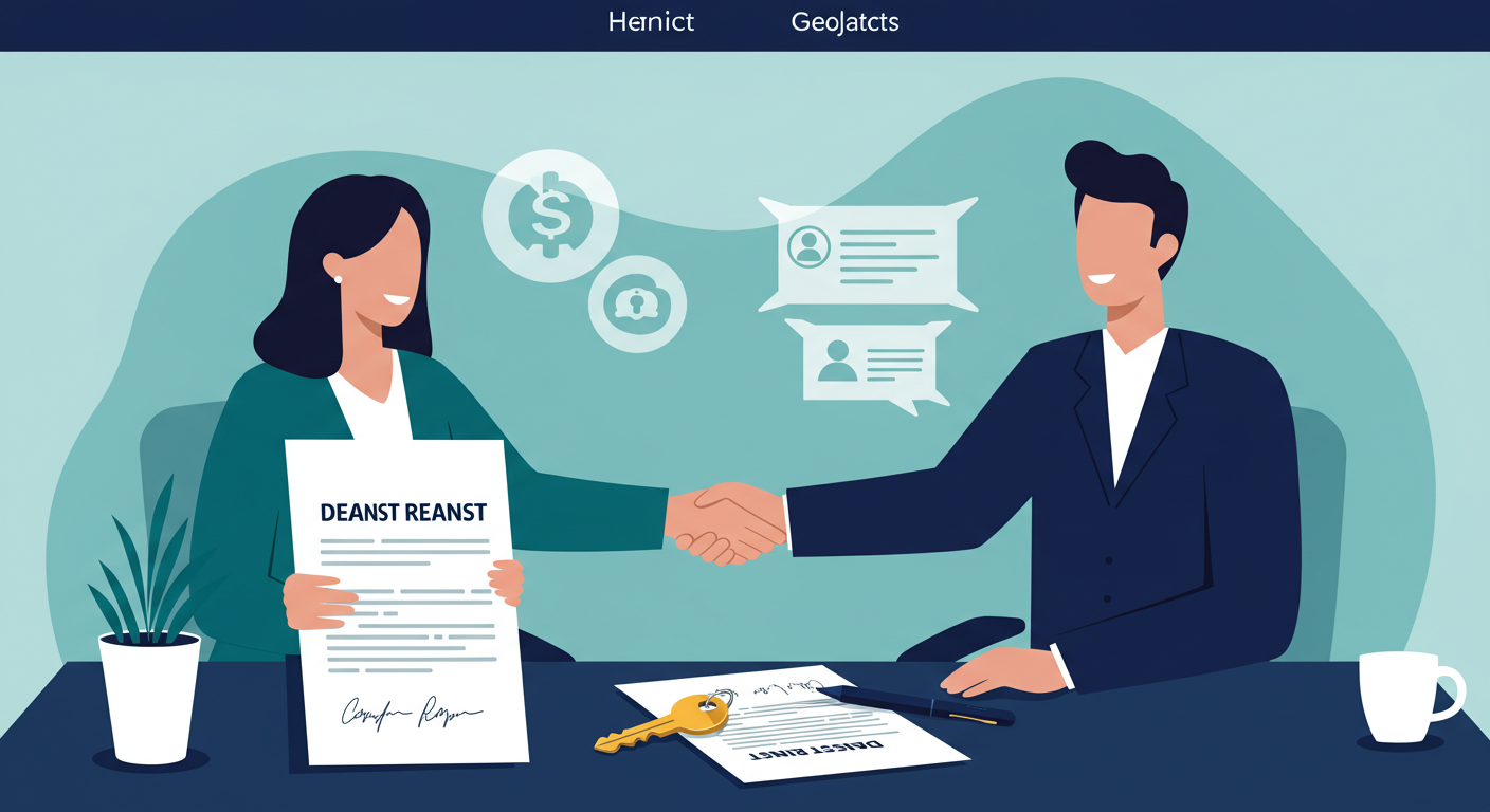 Two people shaking hands over a desk with a signed lease agreement and keys on it.