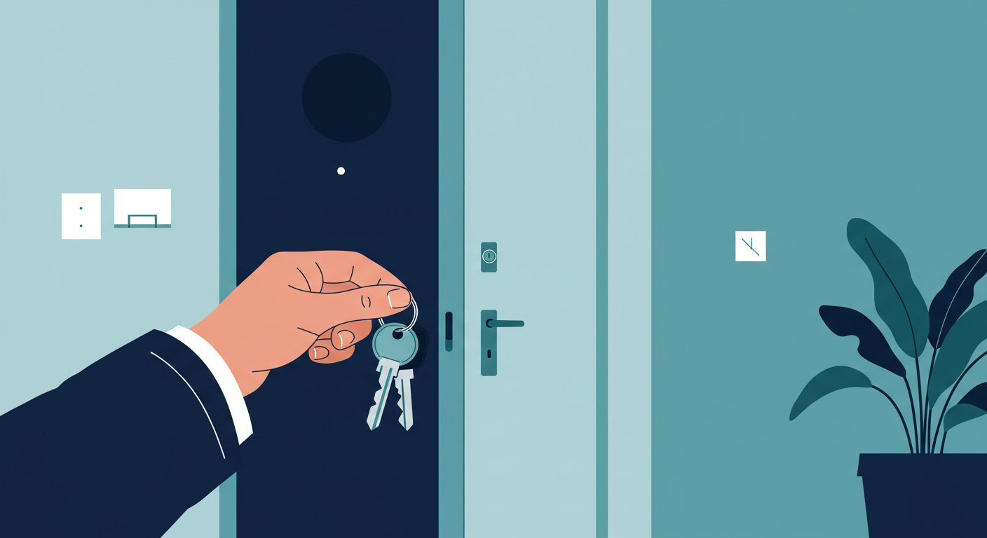 A person holding a set of house keys in front of a modern apartment door.