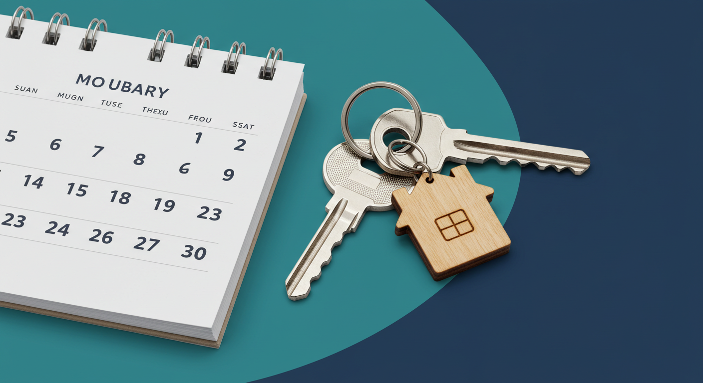 A set of house keys with a small wooden house keychain resting on a calendar.