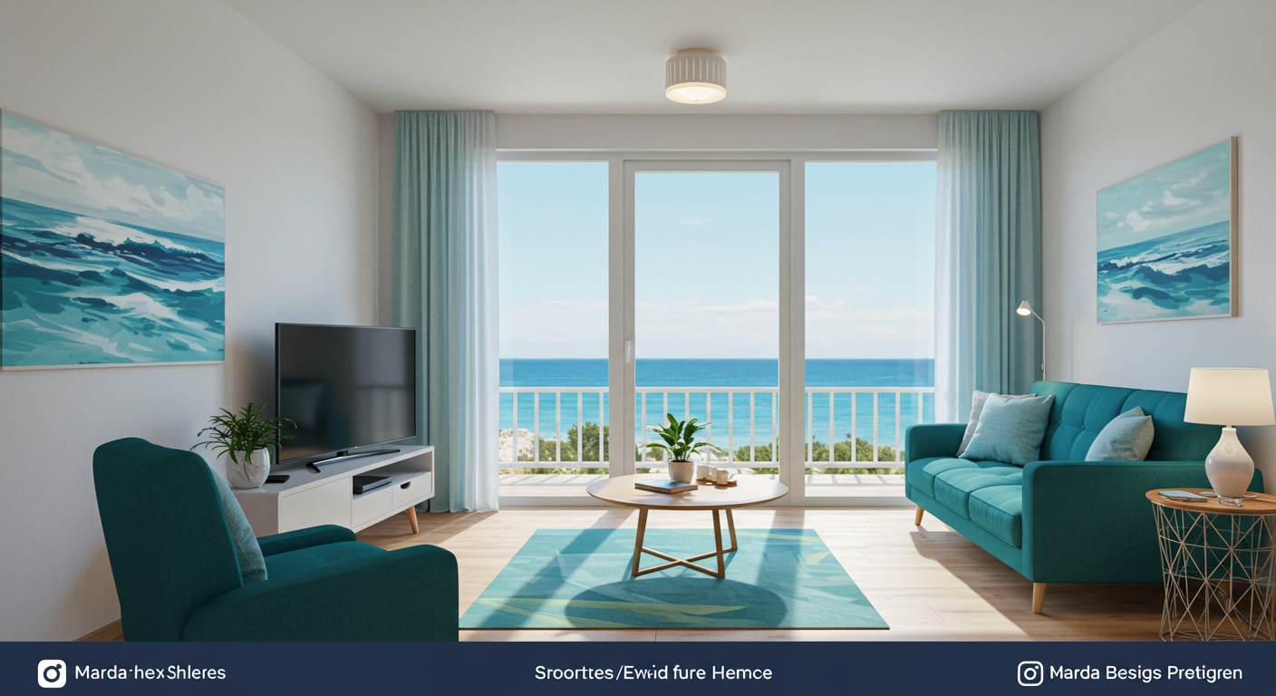 A bright, modern living room in a short-term rental property with a view of the ocean.