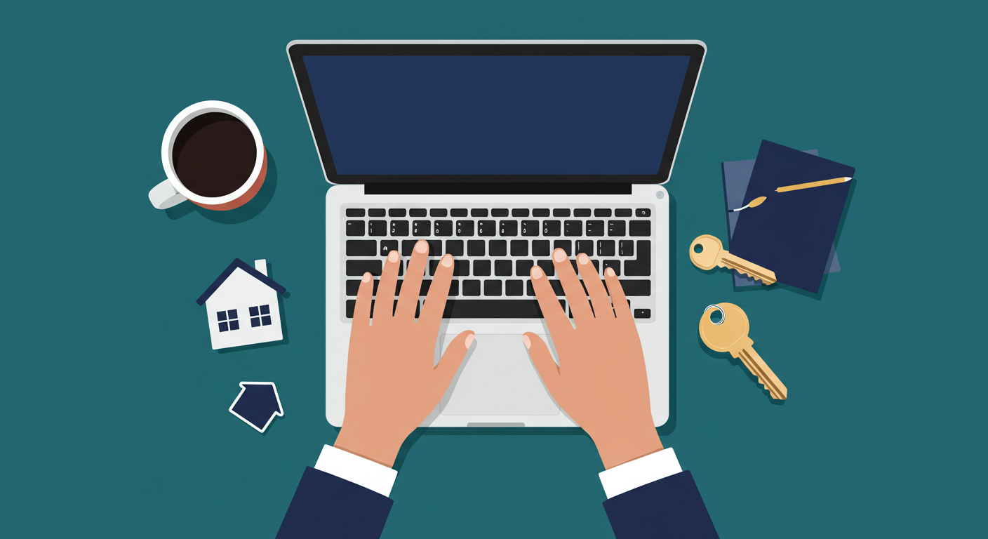 A person's hands typing on a laptop with a modern house key and a small house model on the desk.