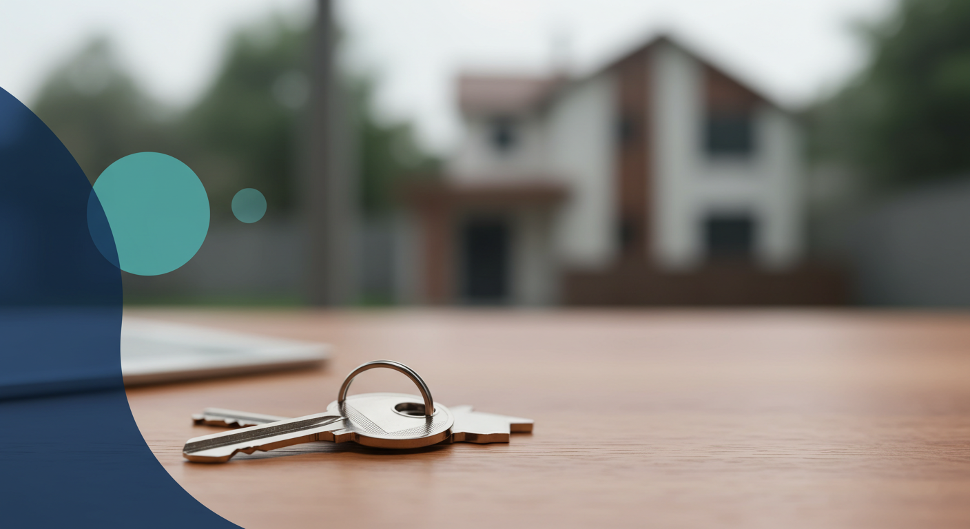 A modern house key with a simple keychain on a wooden table, with a blurred out residential home in the background.