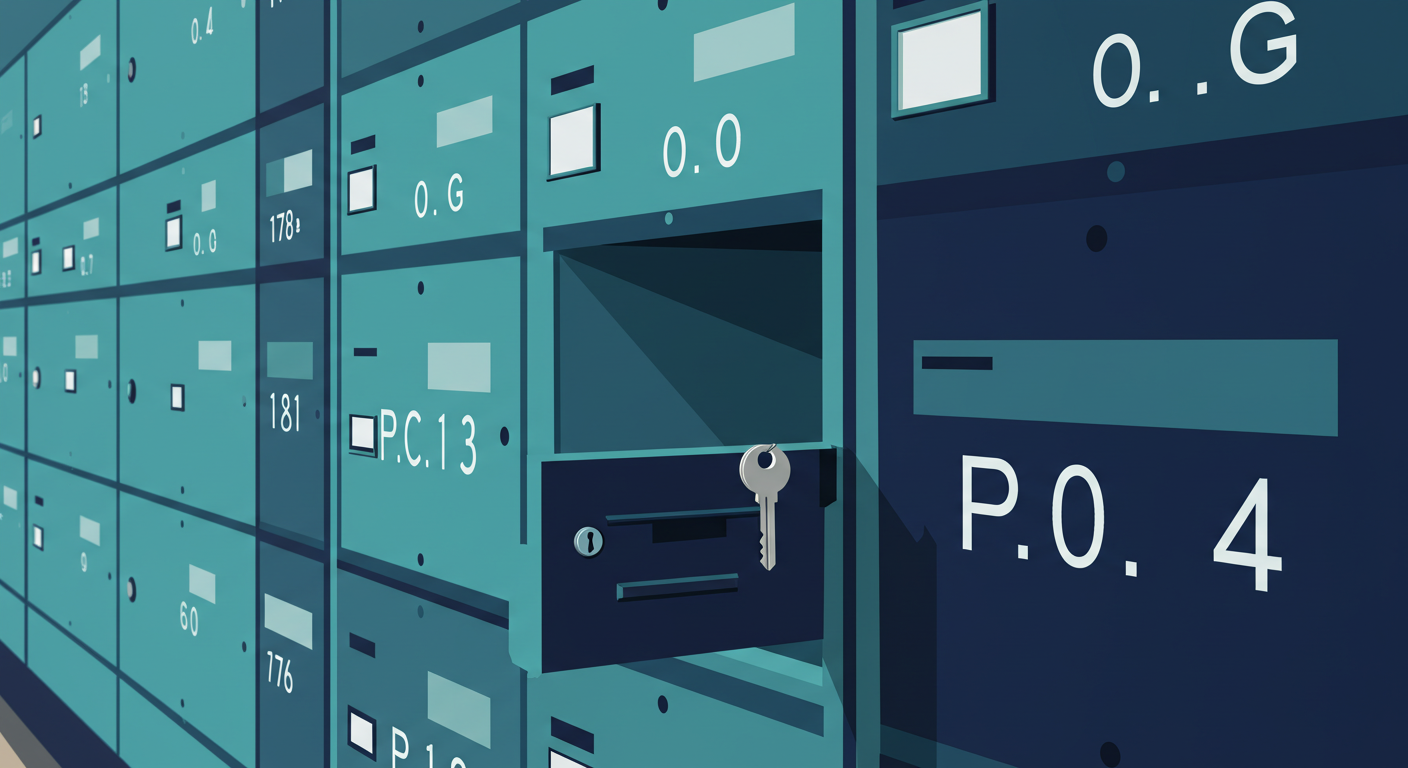 A row of metal P.O. boxes inside a post office, with one box open and a key in the lock.