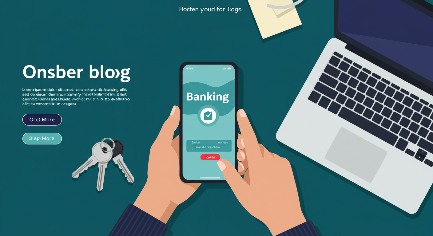 A person's hand holding a smartphone displaying a banking app, with a laptop and house keys on the desk beside it.