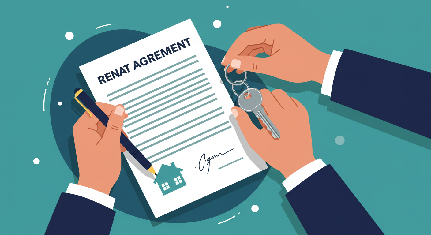 A person's hands holding a set of house keys over a signed rental agreement document.