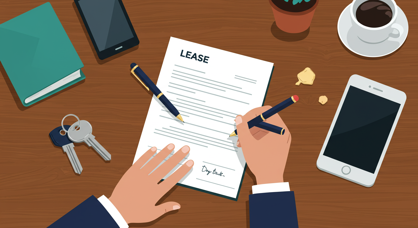 A person signing a lease document at a wooden desk with a pen and a set of keys.