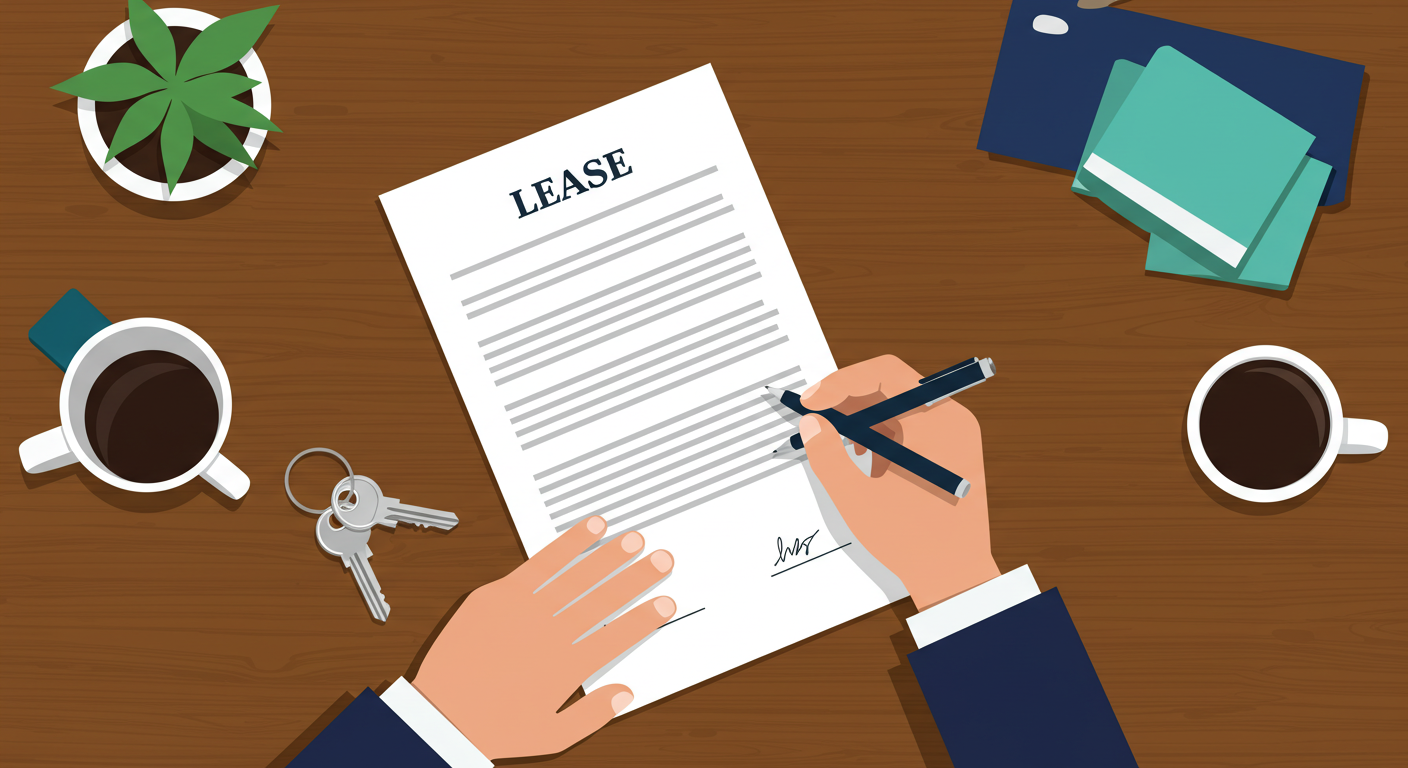 A person signing a lease document at a wooden desk, with a set of keys next to the paper.