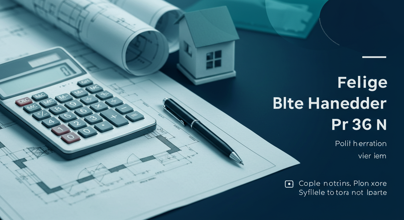 A calculator and a pen resting on architectural blueprints next to a small model of a house.