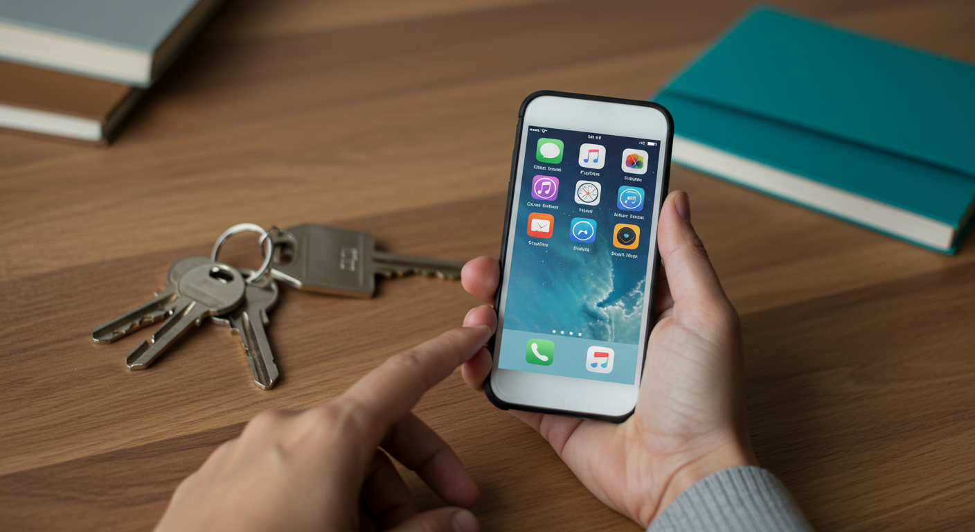 A person's hand holding a smartphone with social media app icons blurred, next to a set of house keys on a wooden table.