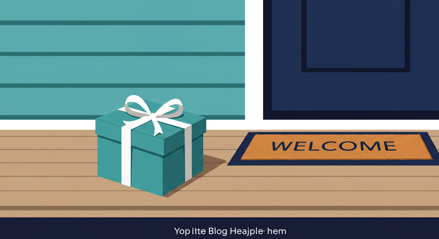 A small, neatly wrapped gift box with a simple ribbon sits on a clean wooden porch next to a welcome mat.