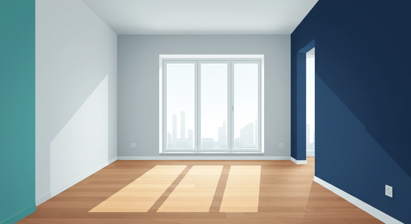 A bright, empty apartment living room with sparkling clean floors and large windows, ready for a new tenant.