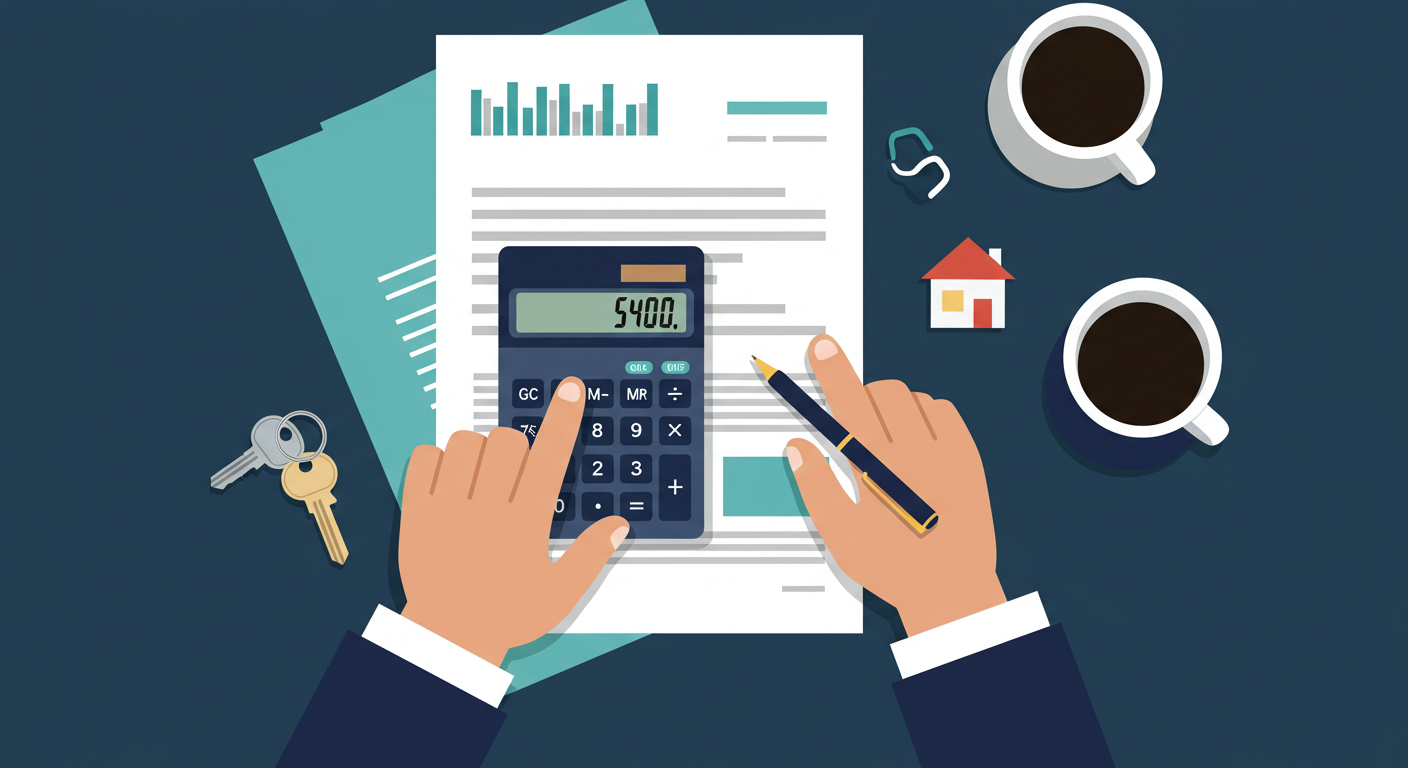 A person's hands using a calculator on a desk with house keys and paperwork.