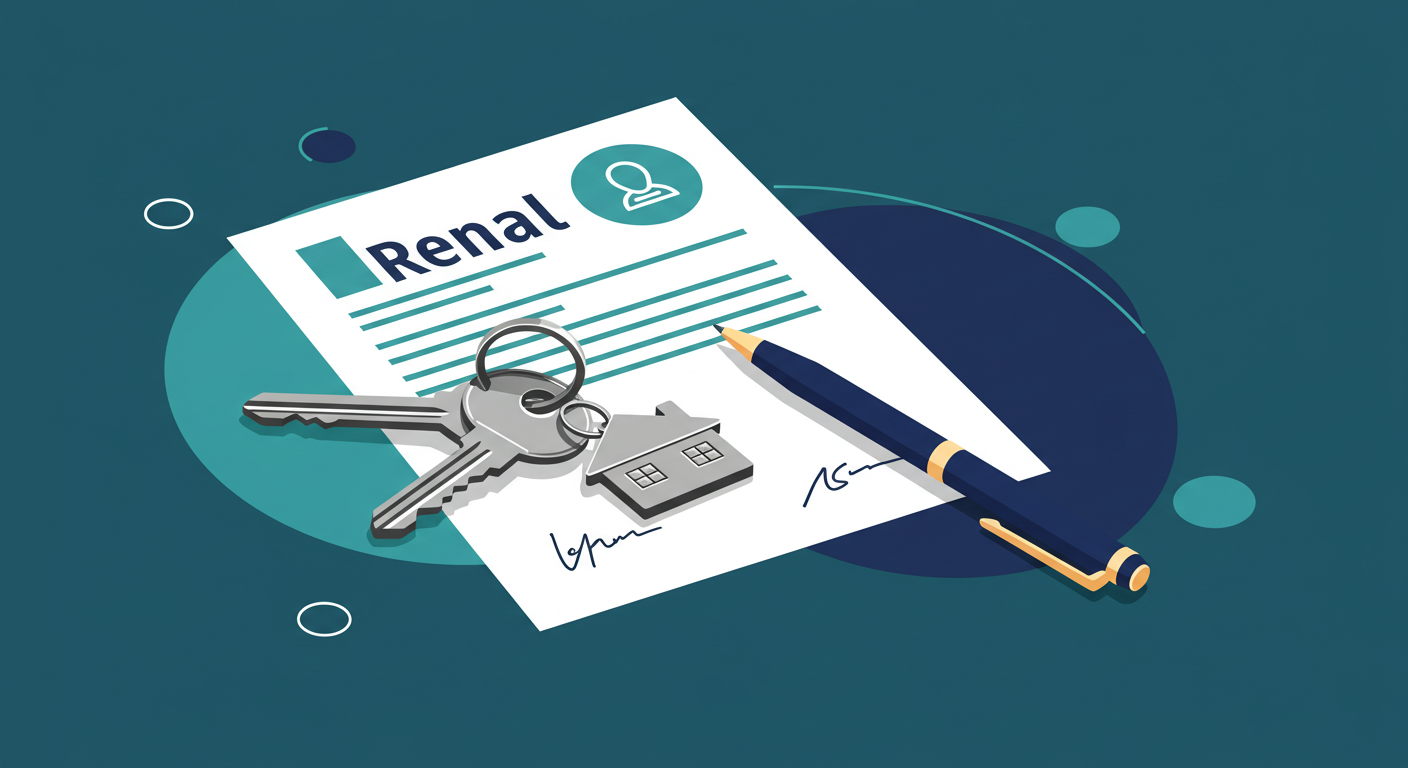 A set of keys with a house-shaped keychain resting on a signed rental lease agreement and a pen.