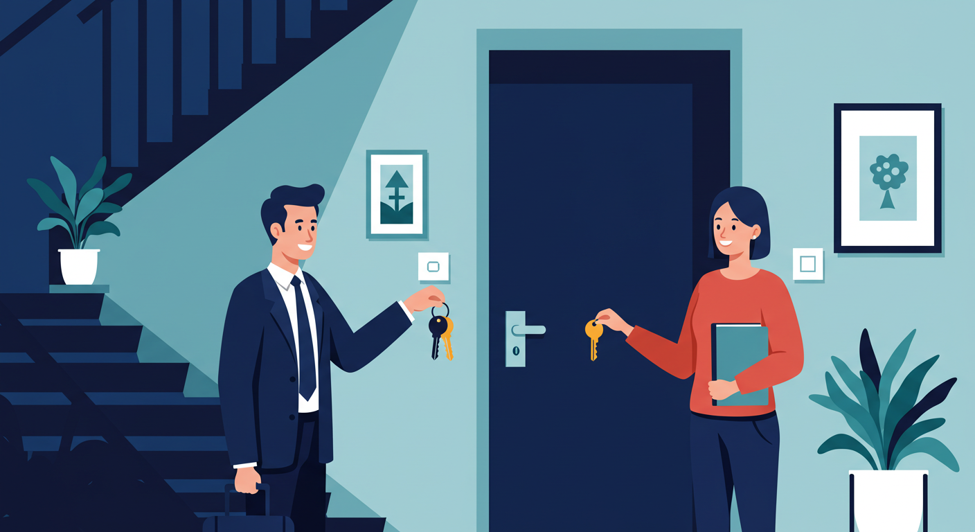 A landlord handing a set of keys to a new tenant in a modern apartment entryway.
