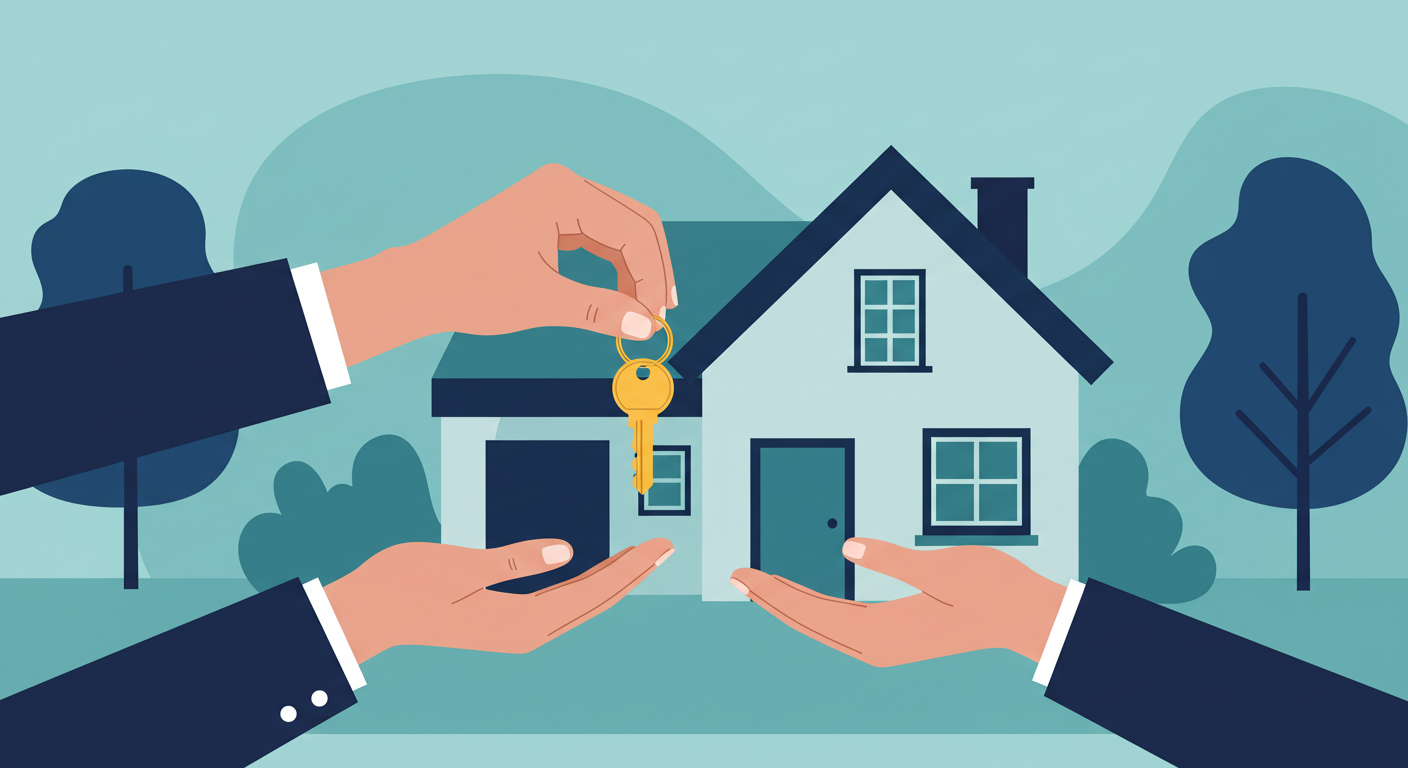 A person hands a set of house keys to another person in front of a residential home.