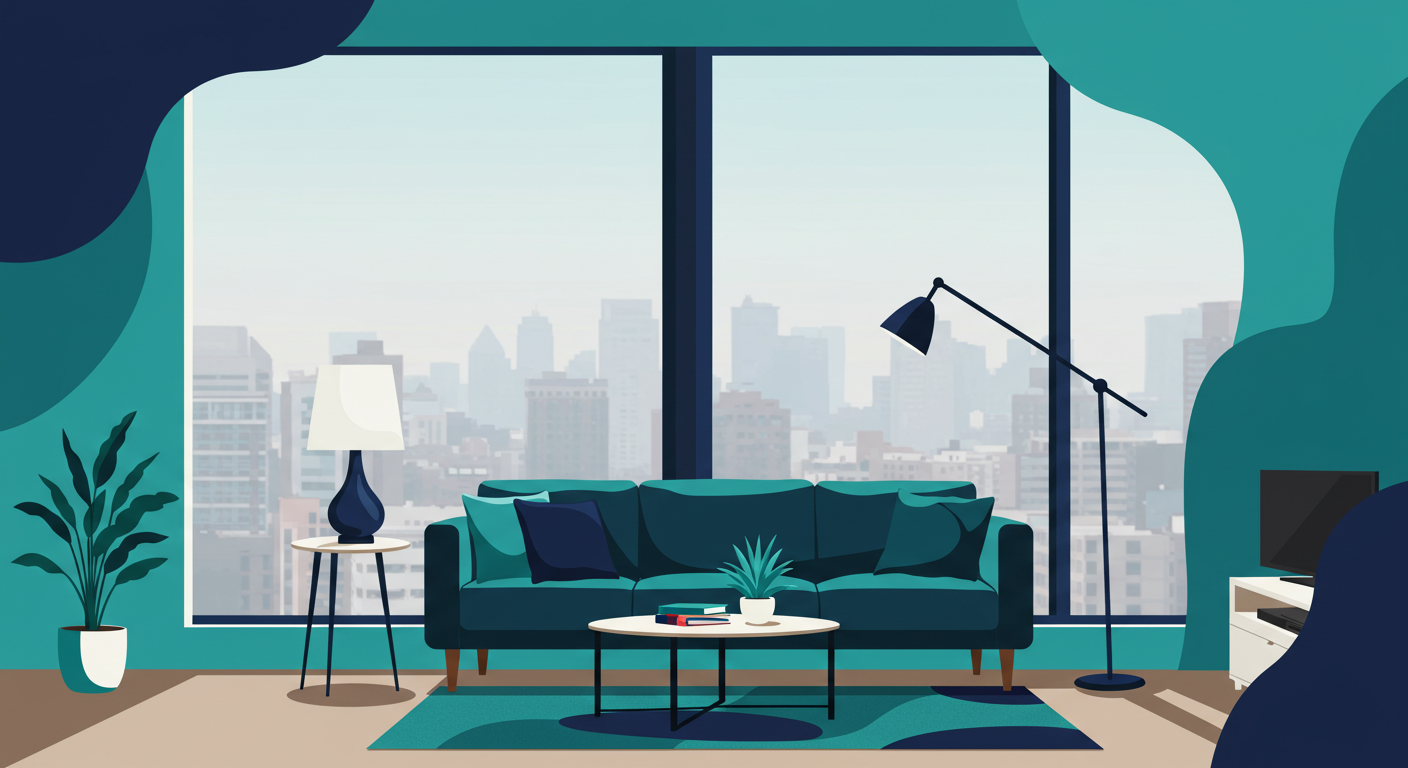 A modern apartment living room with large windows, clean and free of any smoke or haze.