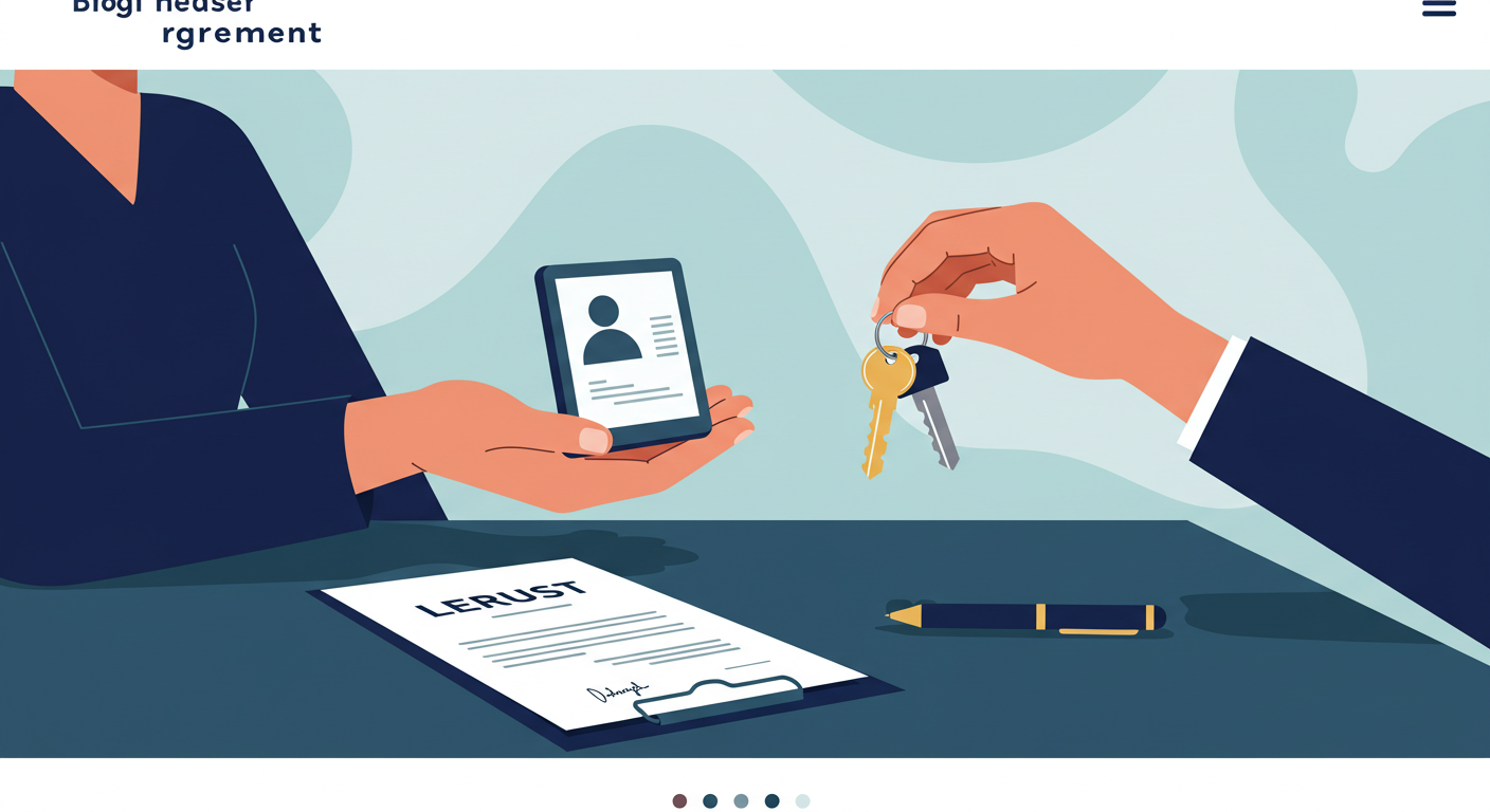 A person handing a set of house keys to another person, with a signed lease agreement on the table between them.
