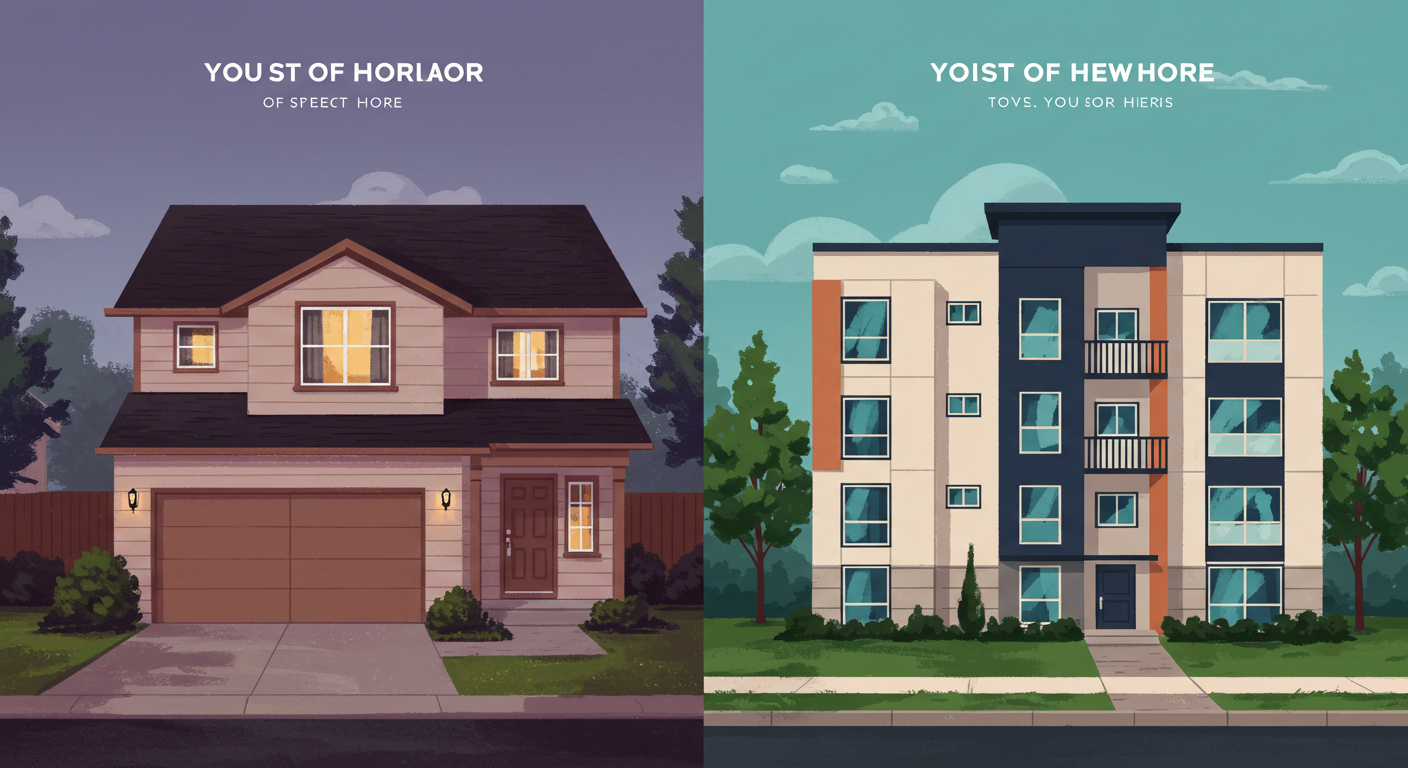 A split image showing a single-family suburban house on one side and a modern three-story multi-family apartment building on the other.