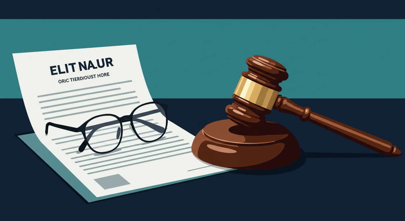 A wooden gavel and a pair of reading glasses resting on a legal document on a desk.