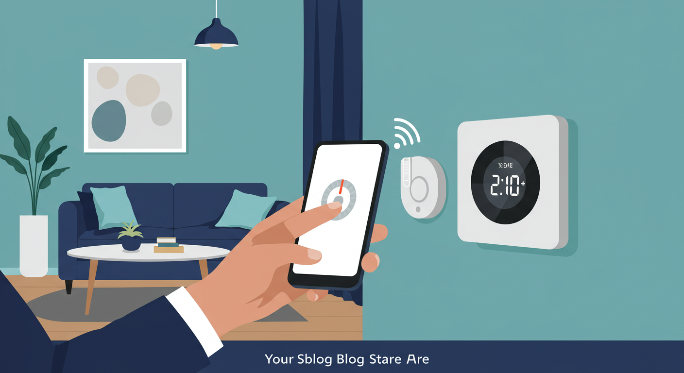 A person's hand using a smartphone to adjust a smart thermostat on a living room wall.