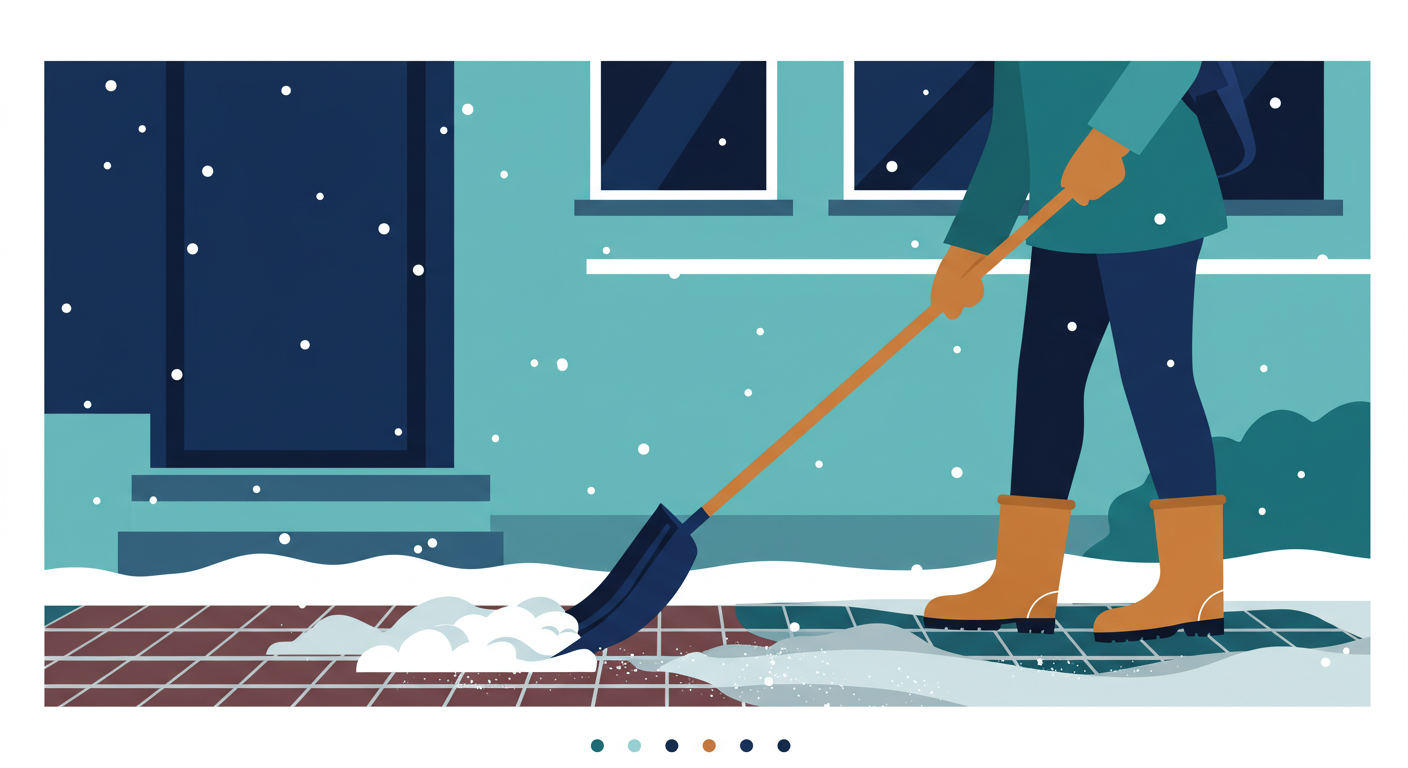 A person in boots shoveling snow from a brick pathway in front of a residential building.