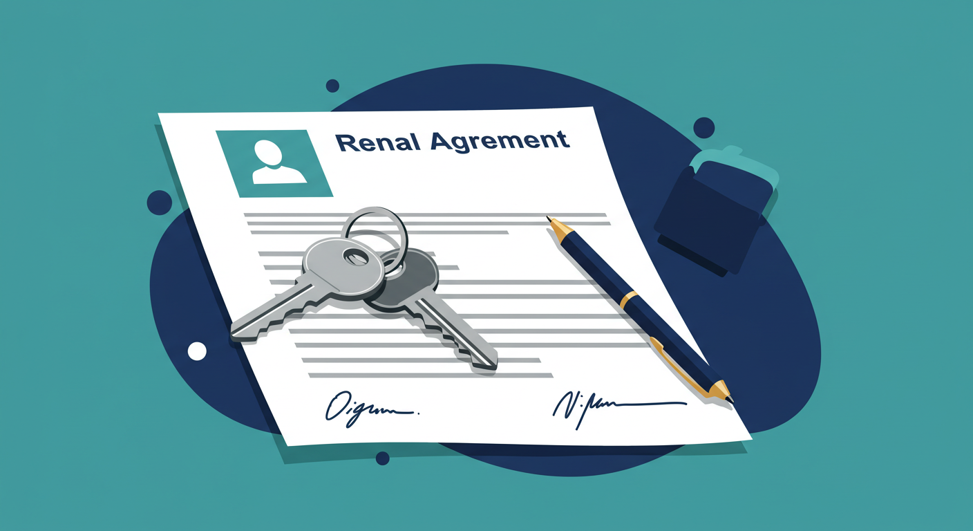 A set of house keys with a simple keychain rests on a signed rental agreement document.