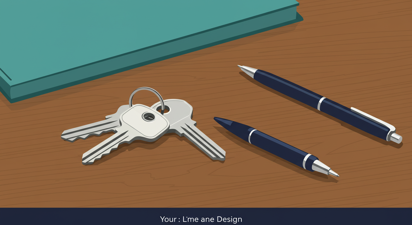 A set of house keys with a simple keychain resting on a wooden table next to a pen.