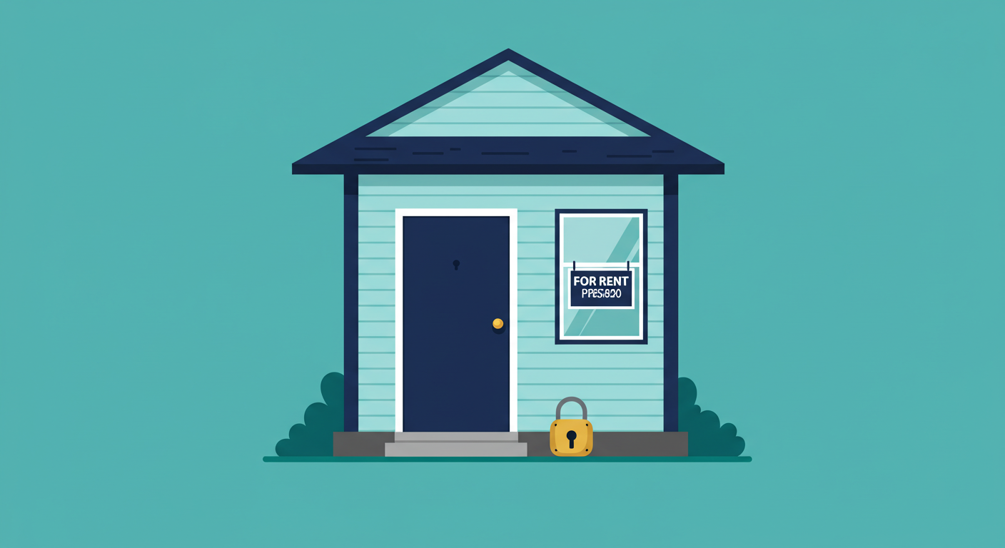 A locked front door of a vacant rental house with a 'For Rent' sign in the window.