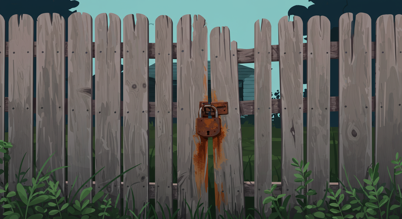 A weathered wooden fence with a rusty lock on the gate, in front of a slightly overgrown and vacant property.