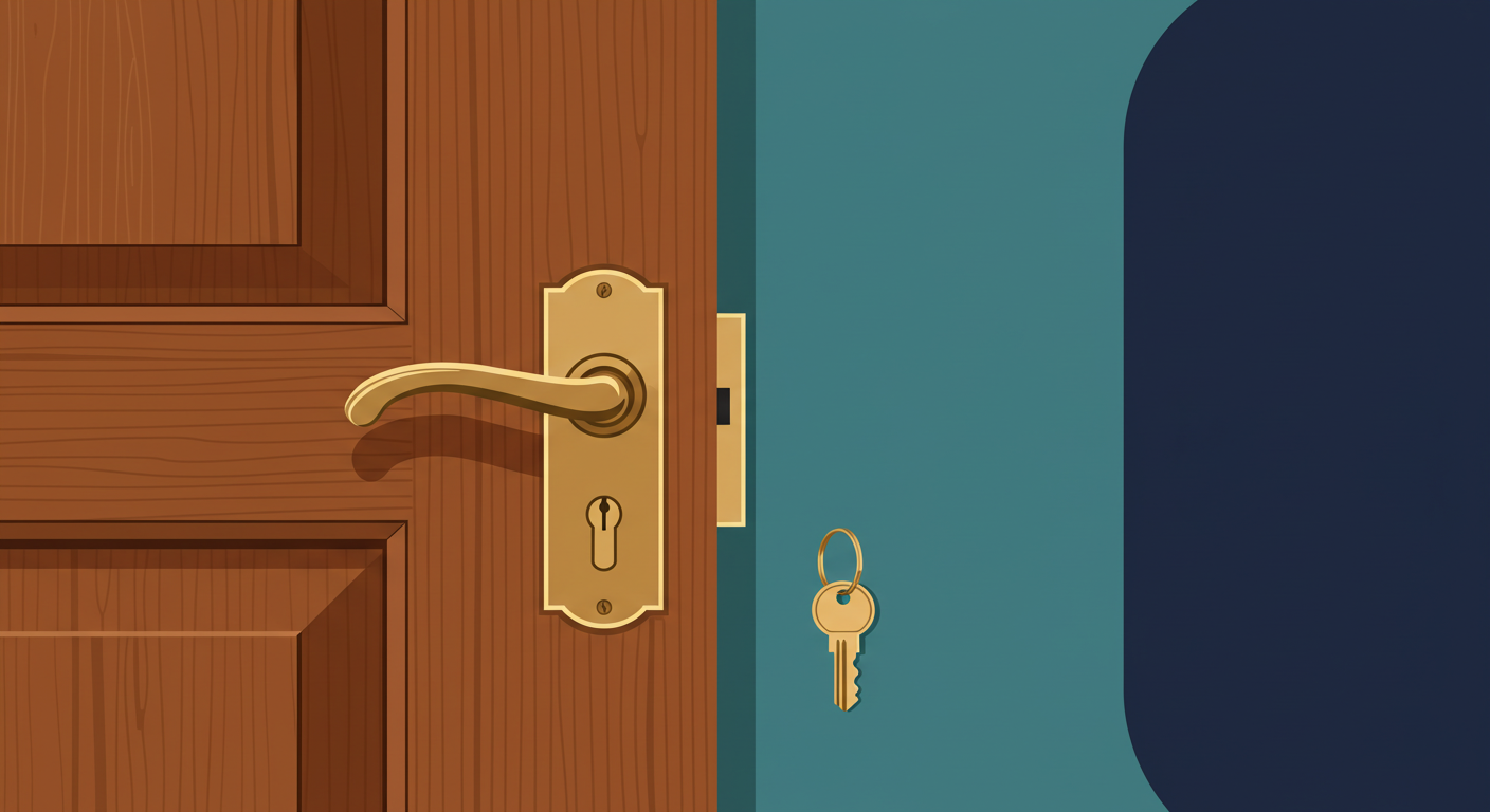 A closed wooden door with a brass handle and a key in the lock, symbolizing property security and access.