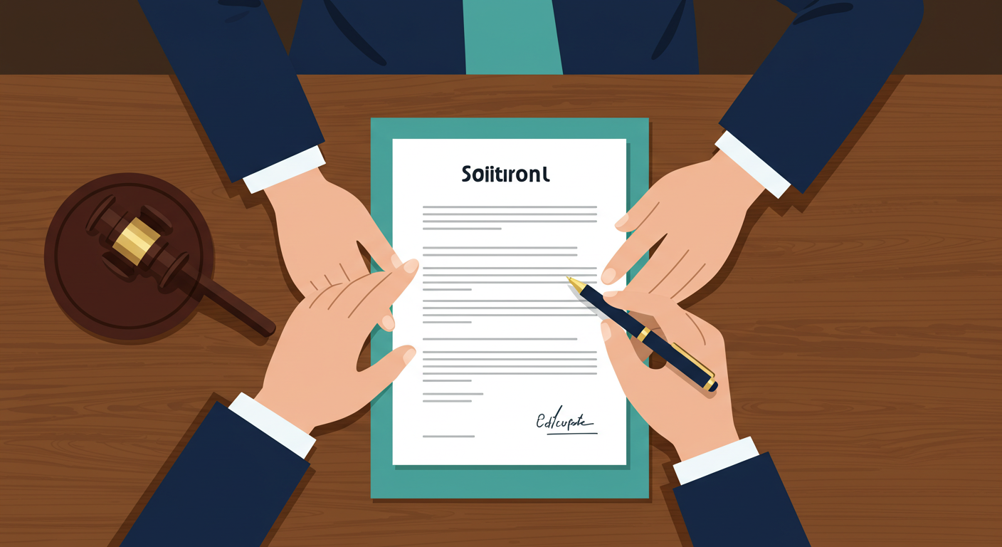 A person's hands reviewing a legal document with a pen at a wooden desk.