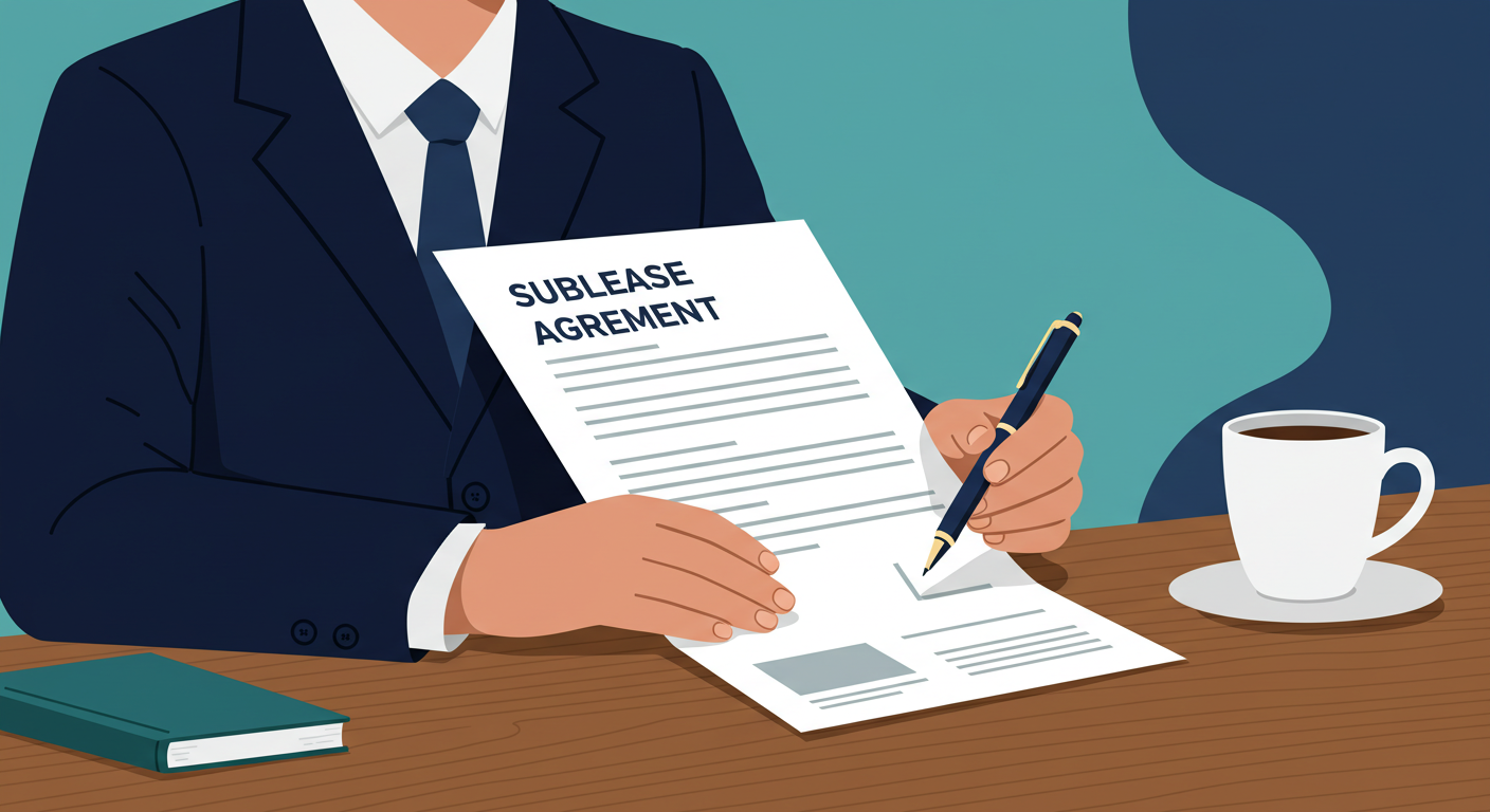 A landlord reviewing a sublease agreement document with a pen at a wooden desk.